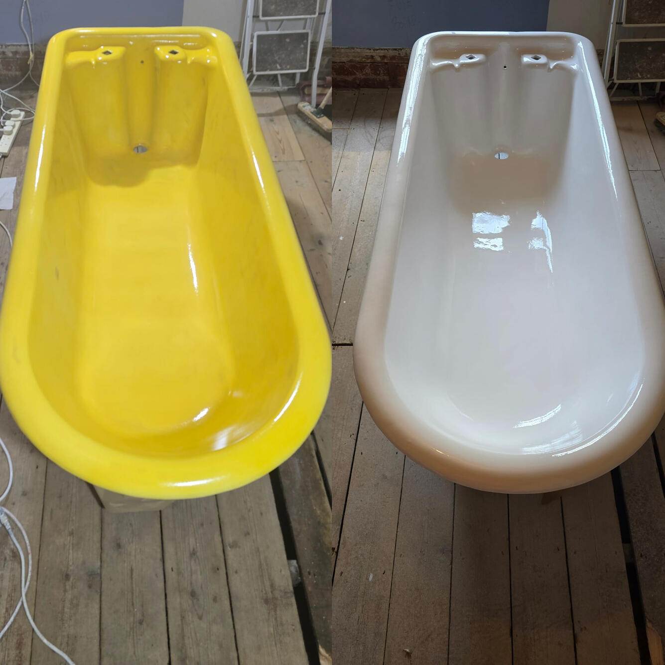 BEFORE AND AFTER PHOTOS OF A CAST IRON ROLL TOP BATH RE-ENAMELLED IN Southampton