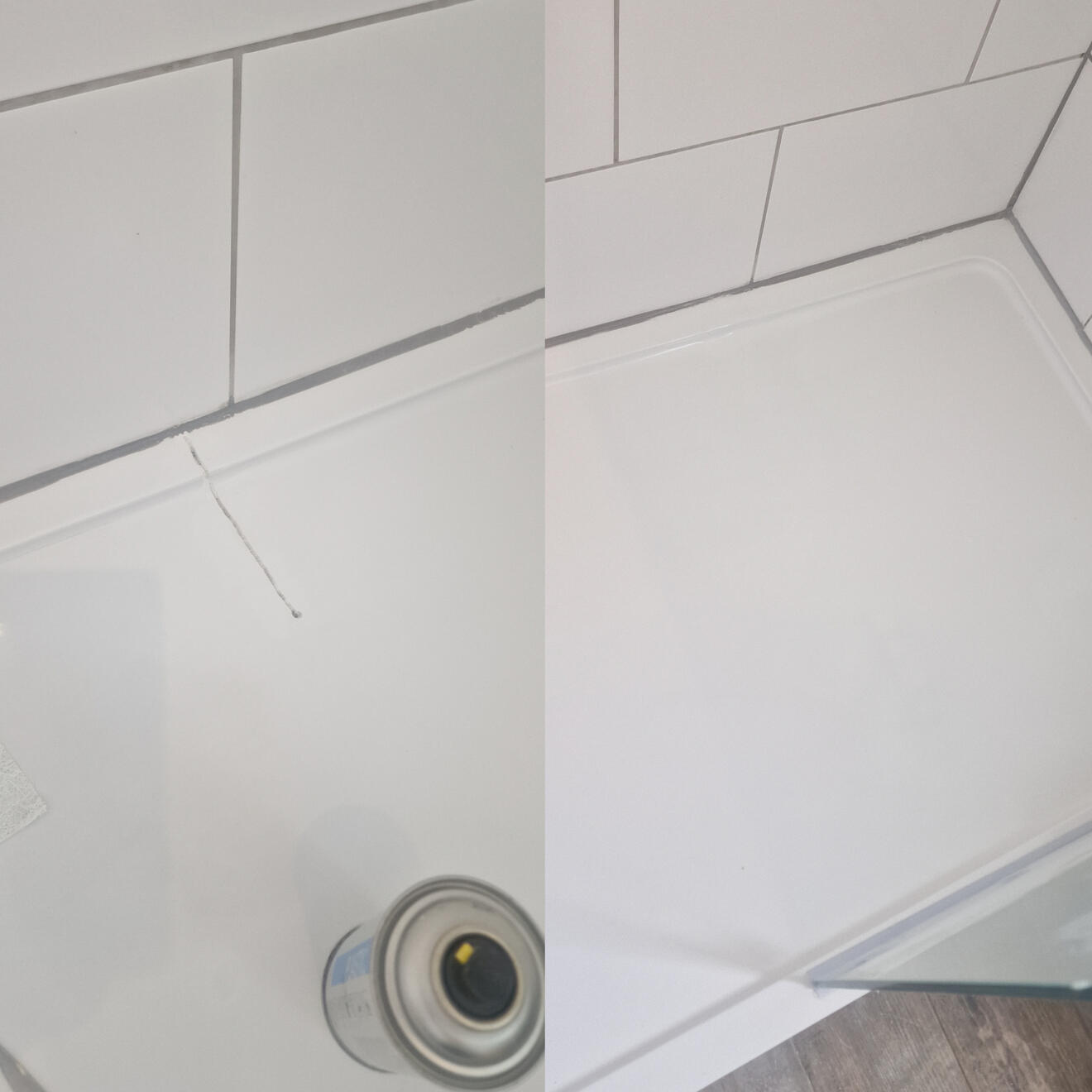 Shower tray crack repair before and after pictures of a stone resin acrylic shower tray crack repair in Southampton