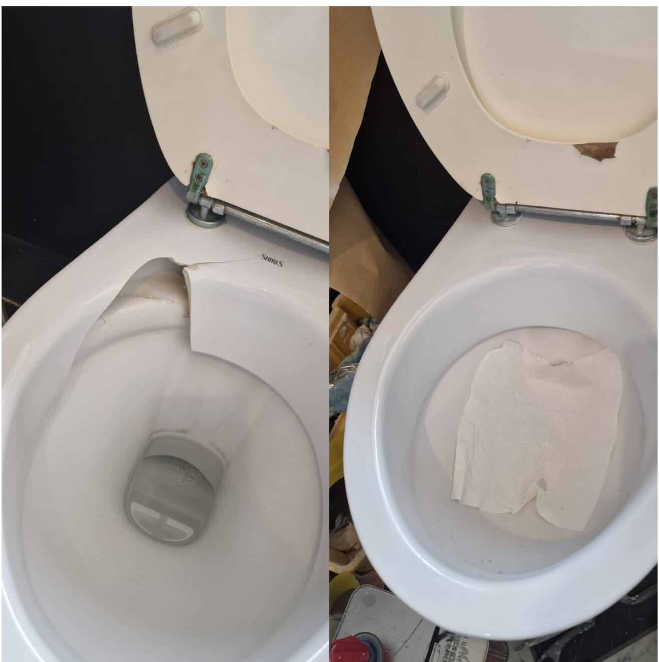 before and after pictures of a ceramic toilet crack repair in Southampton