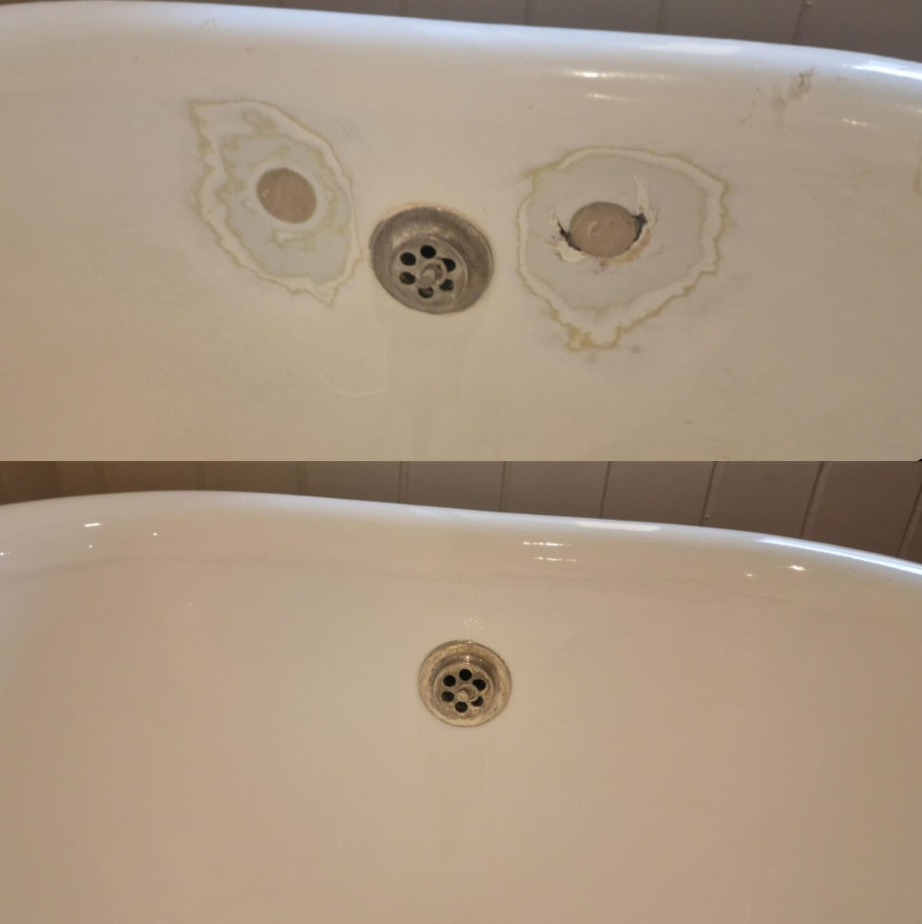 BEFORE AND AFTER PICTURES OF A CAST IRON BATH TAP HOLES FILLED AND REPAIRED IN CENTER Of Southampton