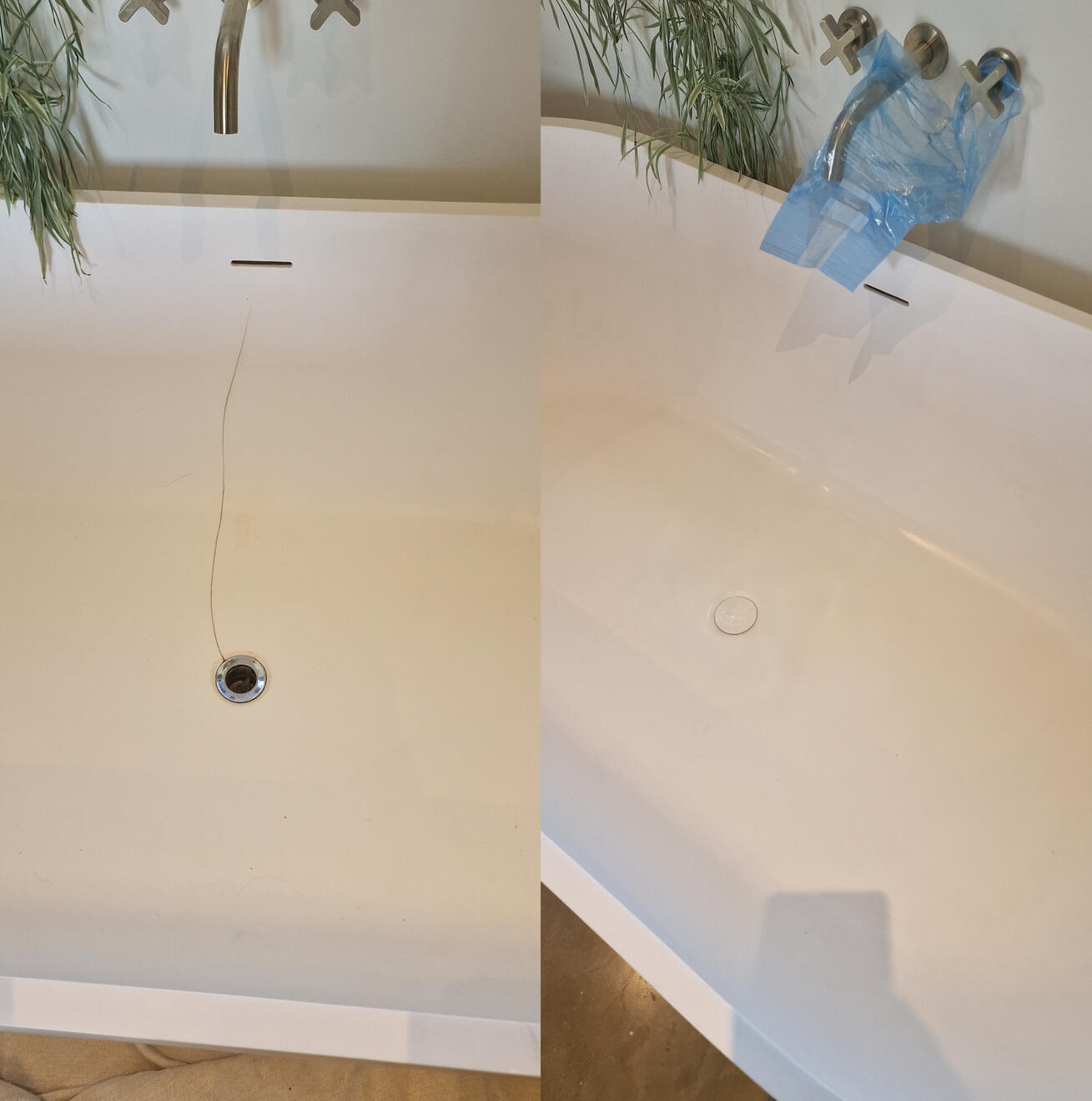 before and after pictures of a stone resin acrylic bath crack repair in Southampton home