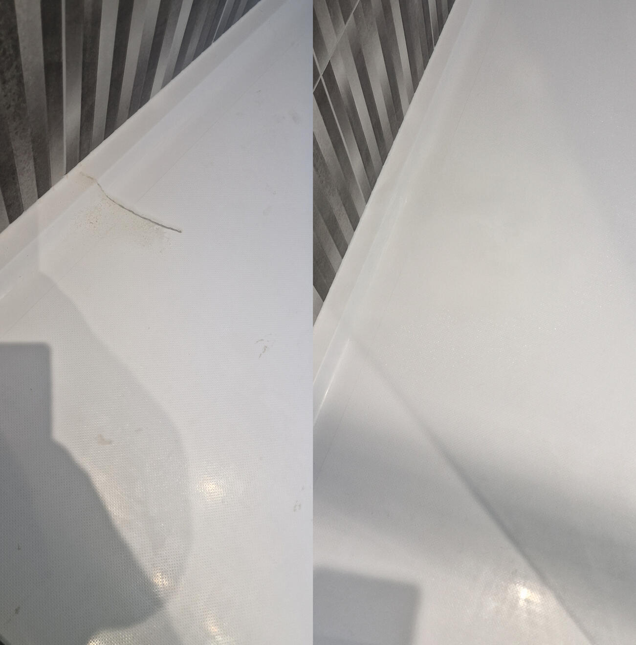 before and after pictures of a stone resin acrylic shower tray crack repair in Southampton