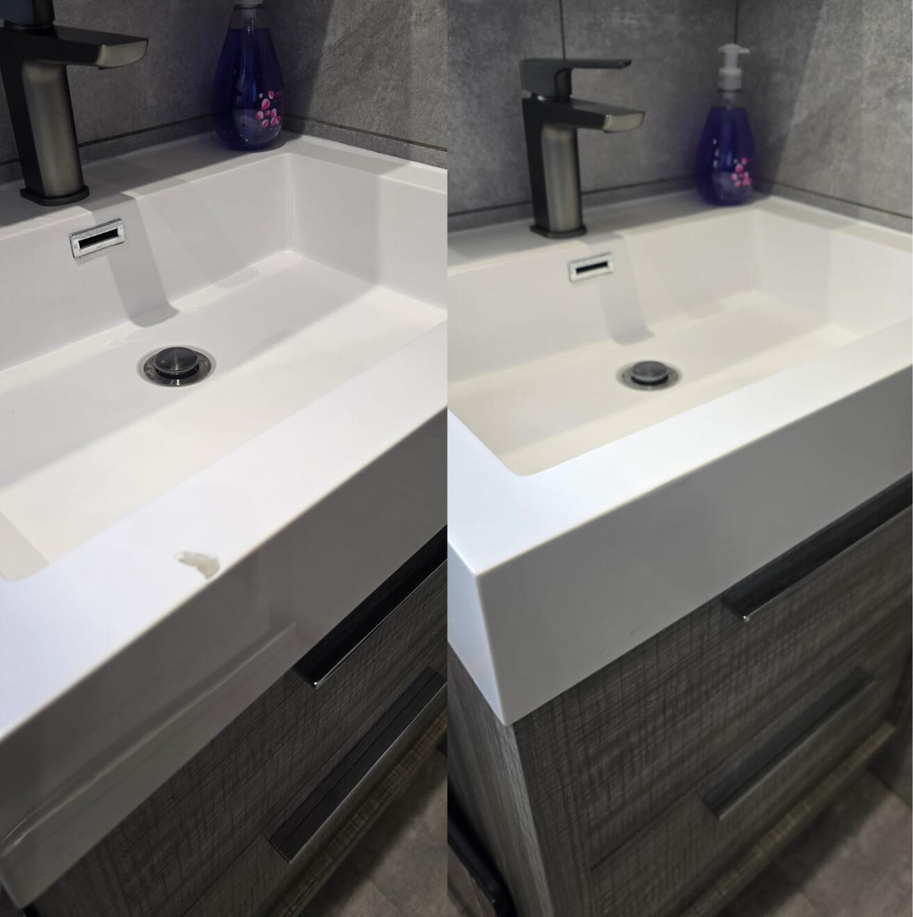 BEFORE AND AFTER PICTURES OF A COMPOSITE BATHROOM BASIN CHIP REPAIR BEFORE AND AFTER PICTURES OF A COMPOSITE BATHROOM BASIN CHIP REPAIR IN Southampton AIR BNB
