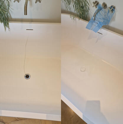 before and after photos of a stone resin bath crack repair completed in Southampton before and after photos of a stone resin bath crack repair completed in Southampton