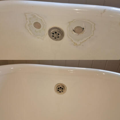 before and after photos of a cast iron bath tap holes filled in and colour matched in Southampton before and after photos of a cast iron bath tap holes filled in and colour matched in Southampton