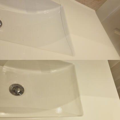 before and after photos of a ceramic sink crack repair done in Southampton
