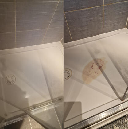 before and after photos of a shower tray crack repair done in Bournemouth