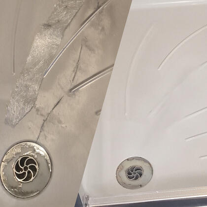 before and after photos of shower tray crack in Poole
