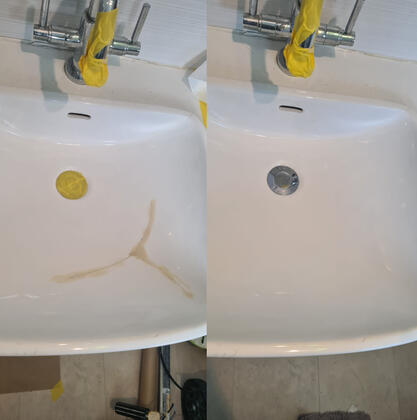 before and after photos of a ceramic sink crack repair done in Southampton