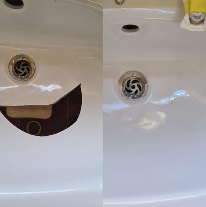 before and after photos of a ceramic sink crack repair done in Southampton