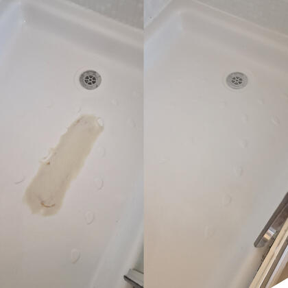 before and after photos of a shower tray crack repair done in Bournemouth