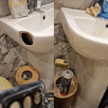 before and after photos of a ceramic sink crack repair done in Southampton