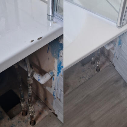 before and after photos of a steel bath chip repair done Southampton