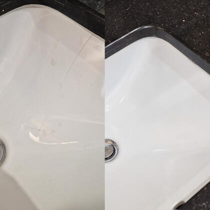 before and after photos of a ceramic sink crack repair done in Southampton