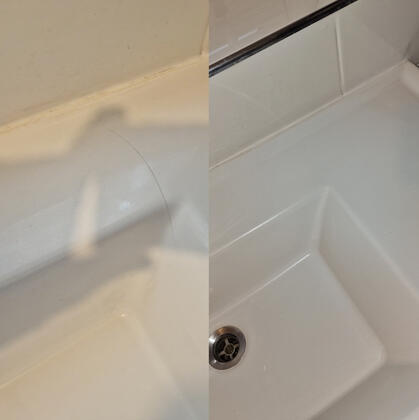 before and after photos of a ceramic sink crack repair done in Southampton