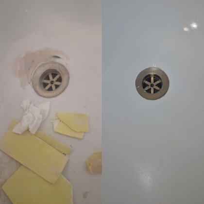 before and after photos of a steel bath chip repair in Southampton
