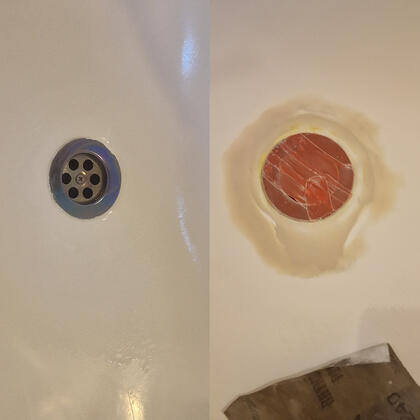before and after photos of a rusty plug hole repair done in Bournemouth